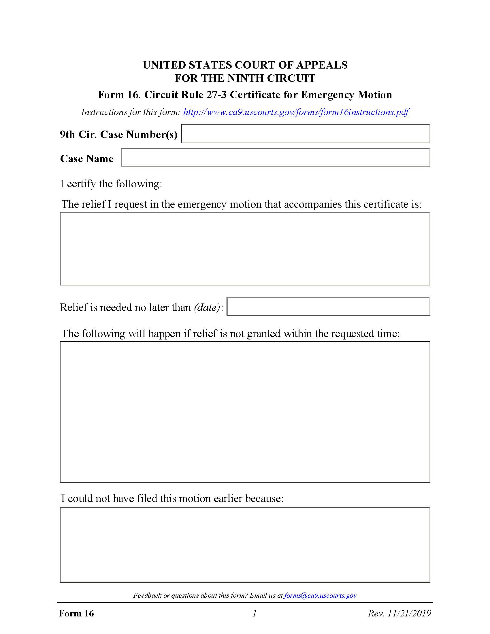 Form 16 Circuit Rule 27-3 Certificate For Emergency Motion {16} | Pdf Fpdf Docx | Official Federal Forms