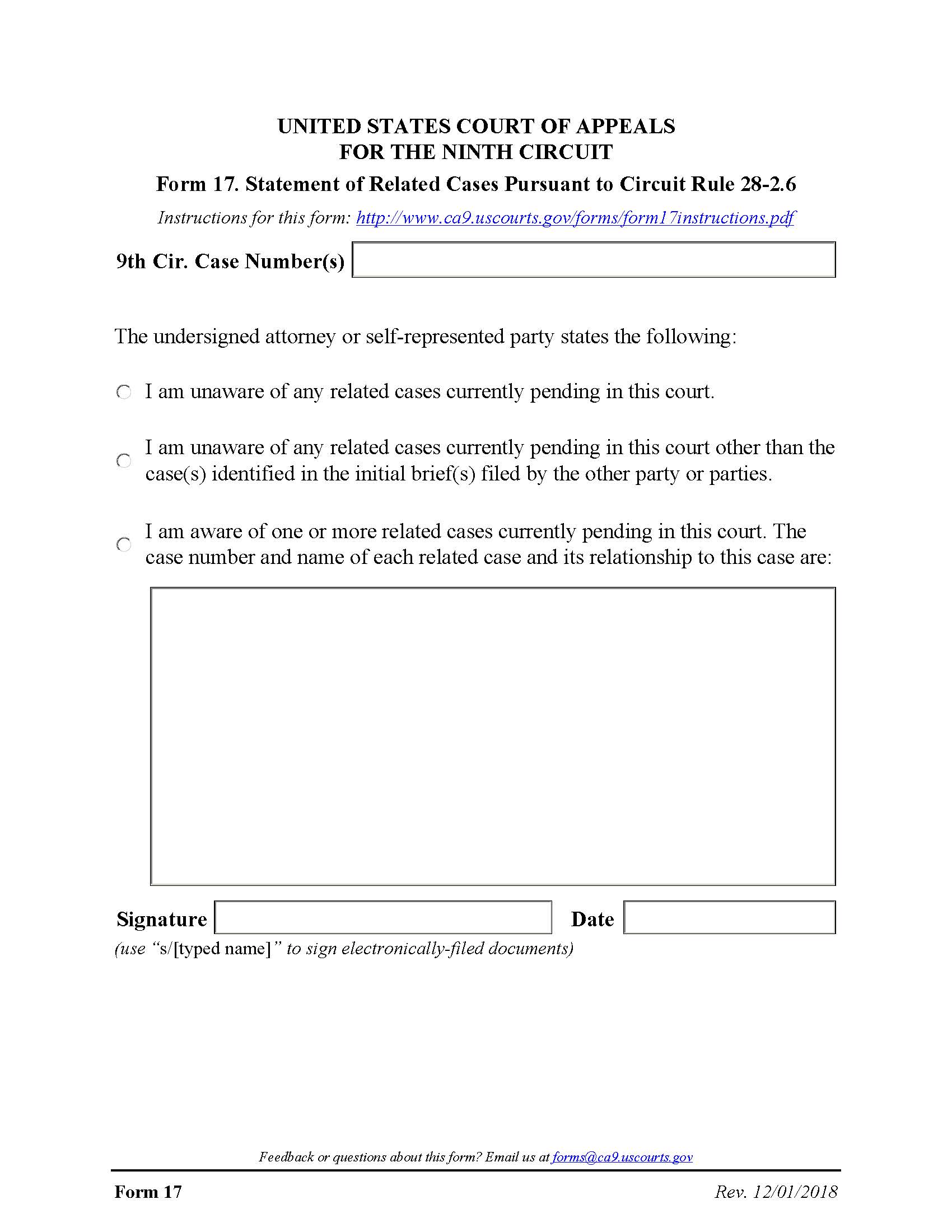Form 17 Statement Of Related Cases {17} | Pdf Fpdf Docx | Official Federal Forms