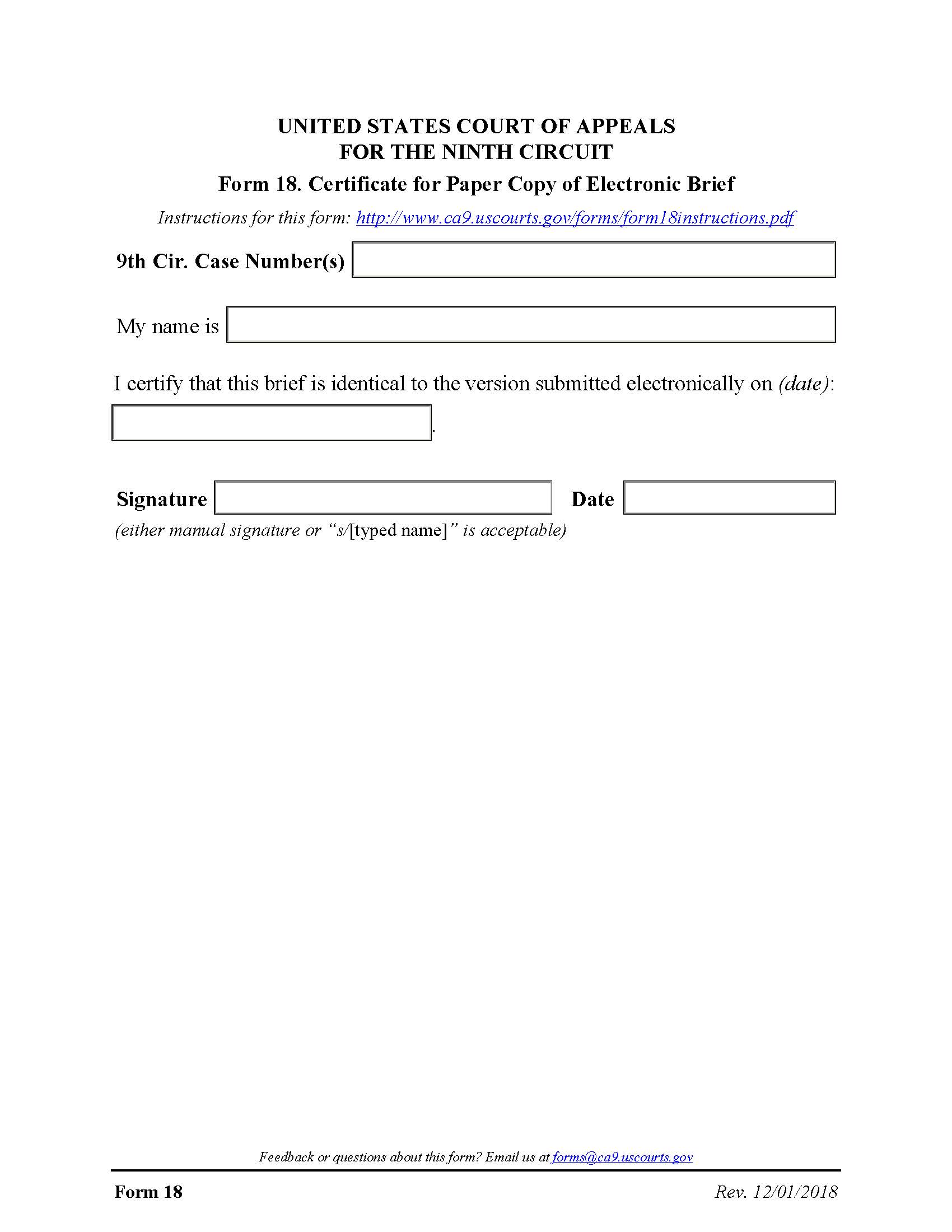 Form 18 Certificate For Paper Copy Of Electronic Brief {18} | Pdf Fpdf Docx | Official Federal Forms