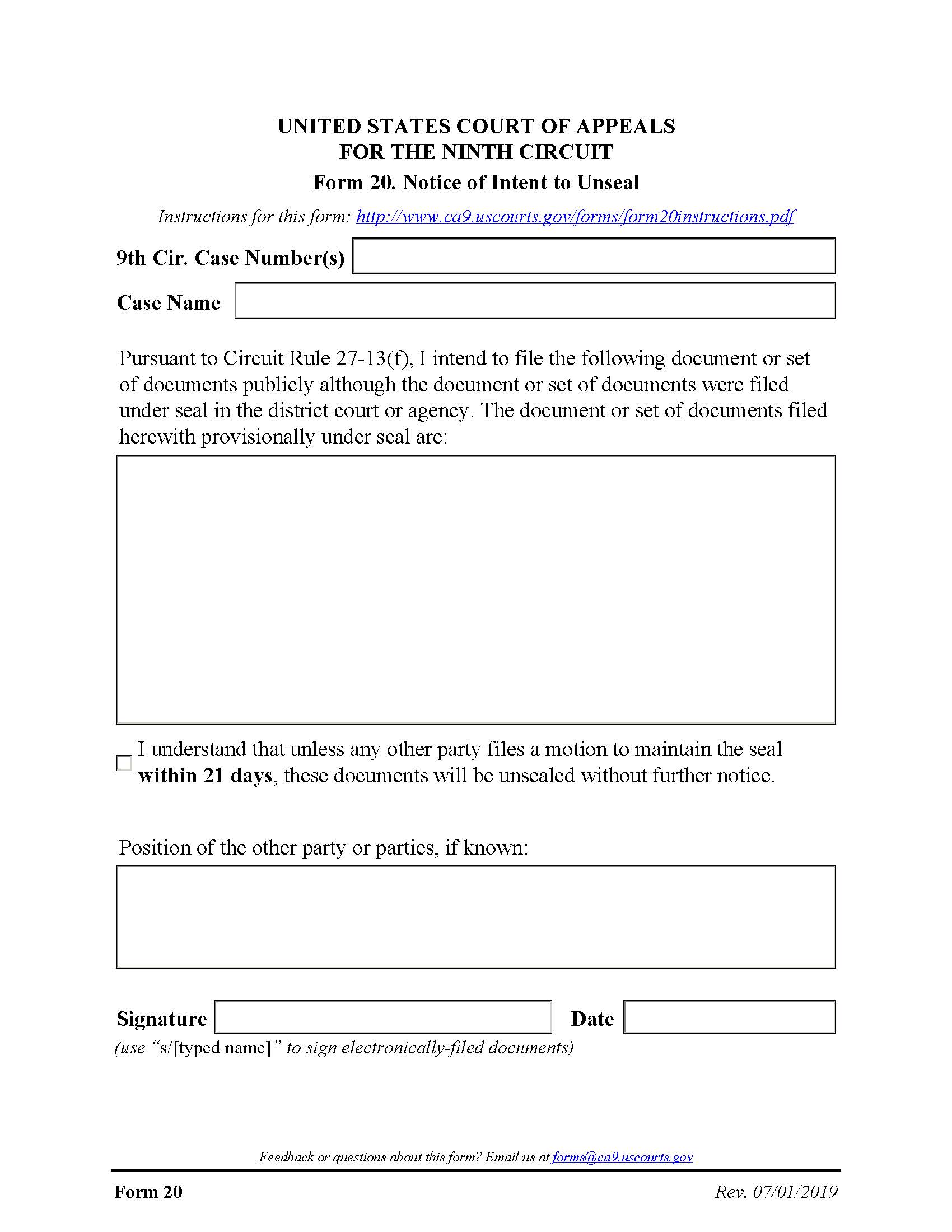Form 20 Notice Of Intent To Unseal {20} | Pdf Fpdf Docx | Official Federal Forms