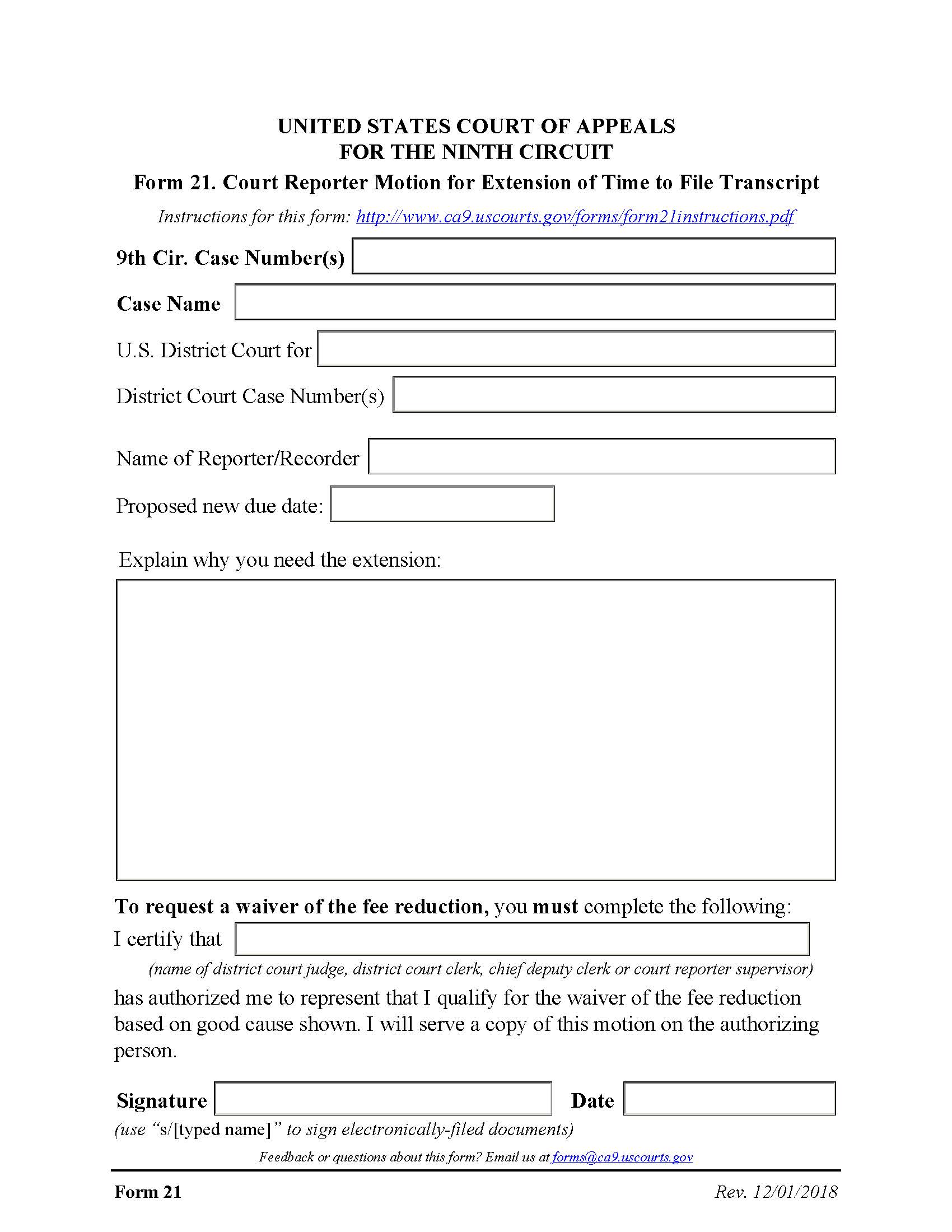 Form 21 Court Reporter Motion For Extension Of Time To File Transcript {21} | Pdf Fpdf Docx | Official Federal Forms