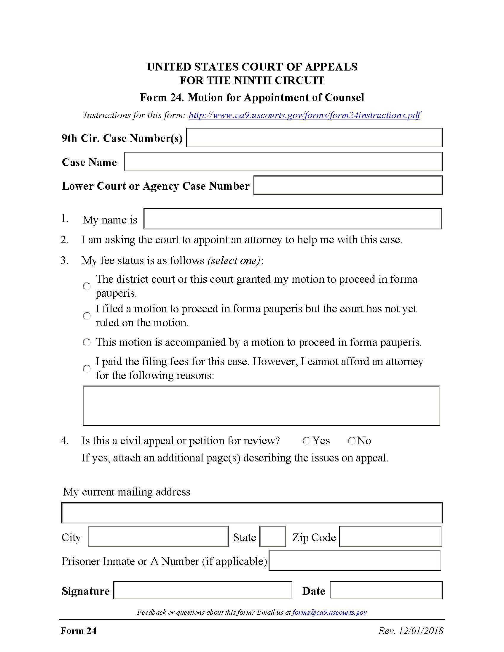 Form 24 Motion For Appointment Of Counsel {24} | Pdf Fpdf Docx | Official Federal Forms