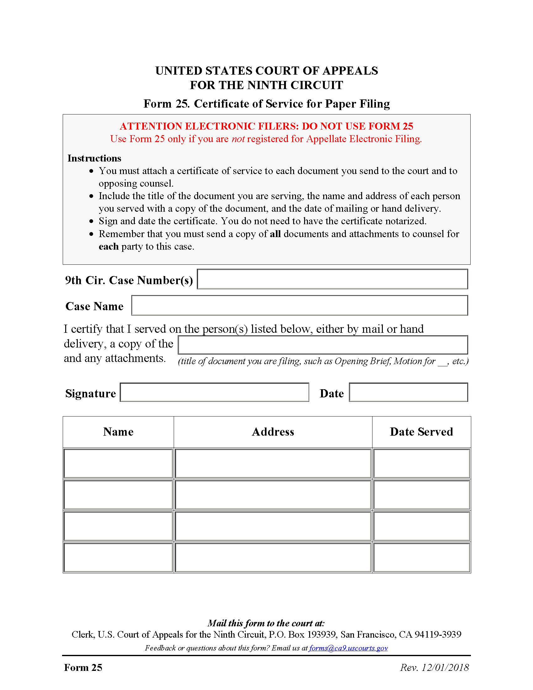 Form 25 Certificate Of Service For Paper Filing {25} | Pdf Fpdf Docx | Official Federal Forms