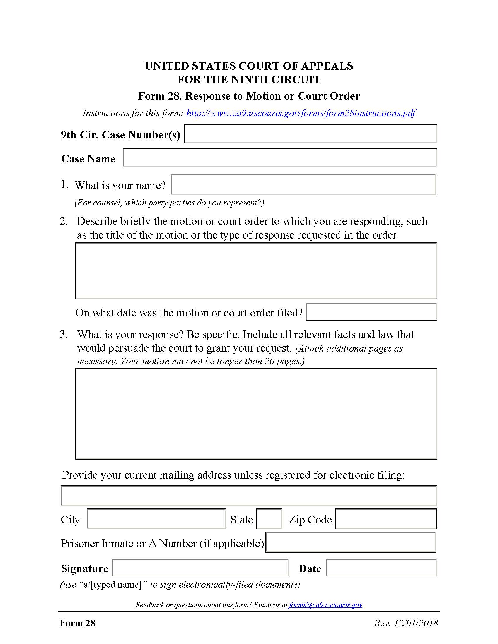 Form 28 Response To Motion Or Court Order {28} | Pdf Fpdf Docx | Official Federal Forms