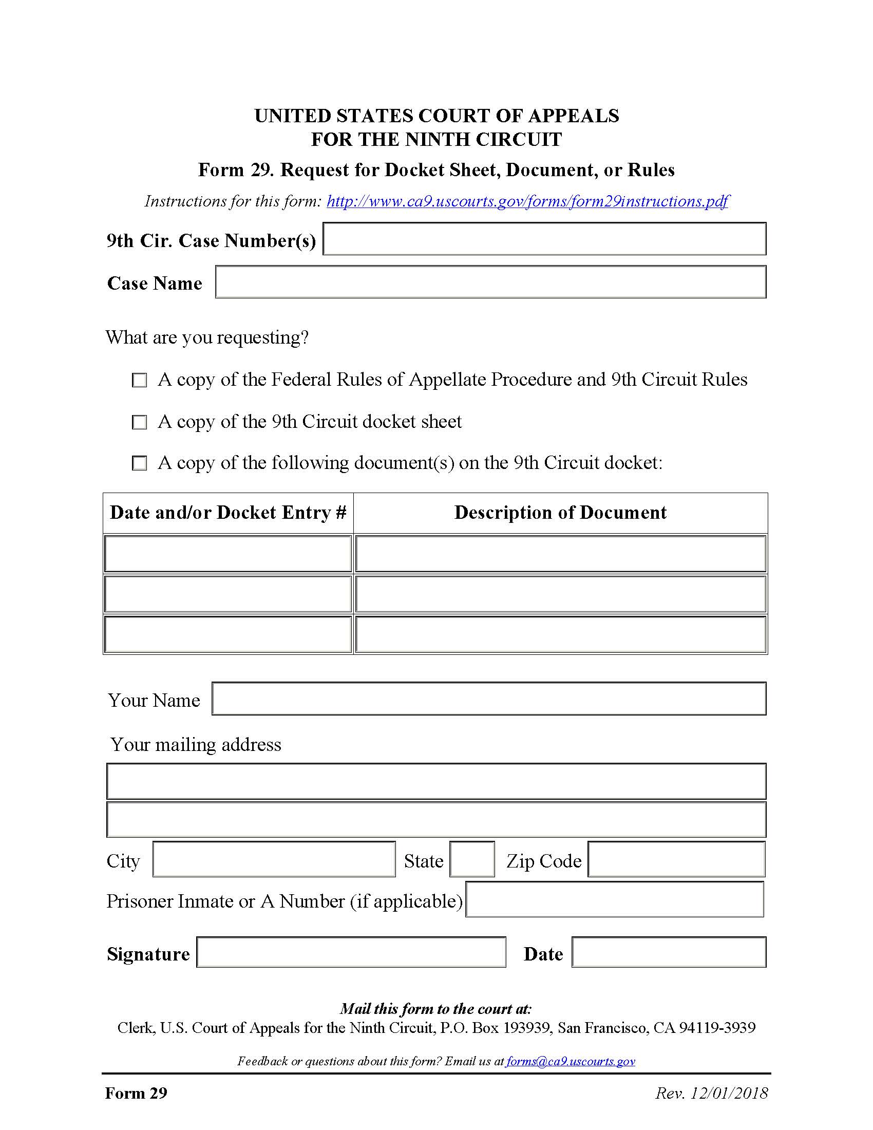 Form 29 Request For Docket Sheet Document Or Rules {29} | Pdf Fpdf Docx | Official Federal Forms
