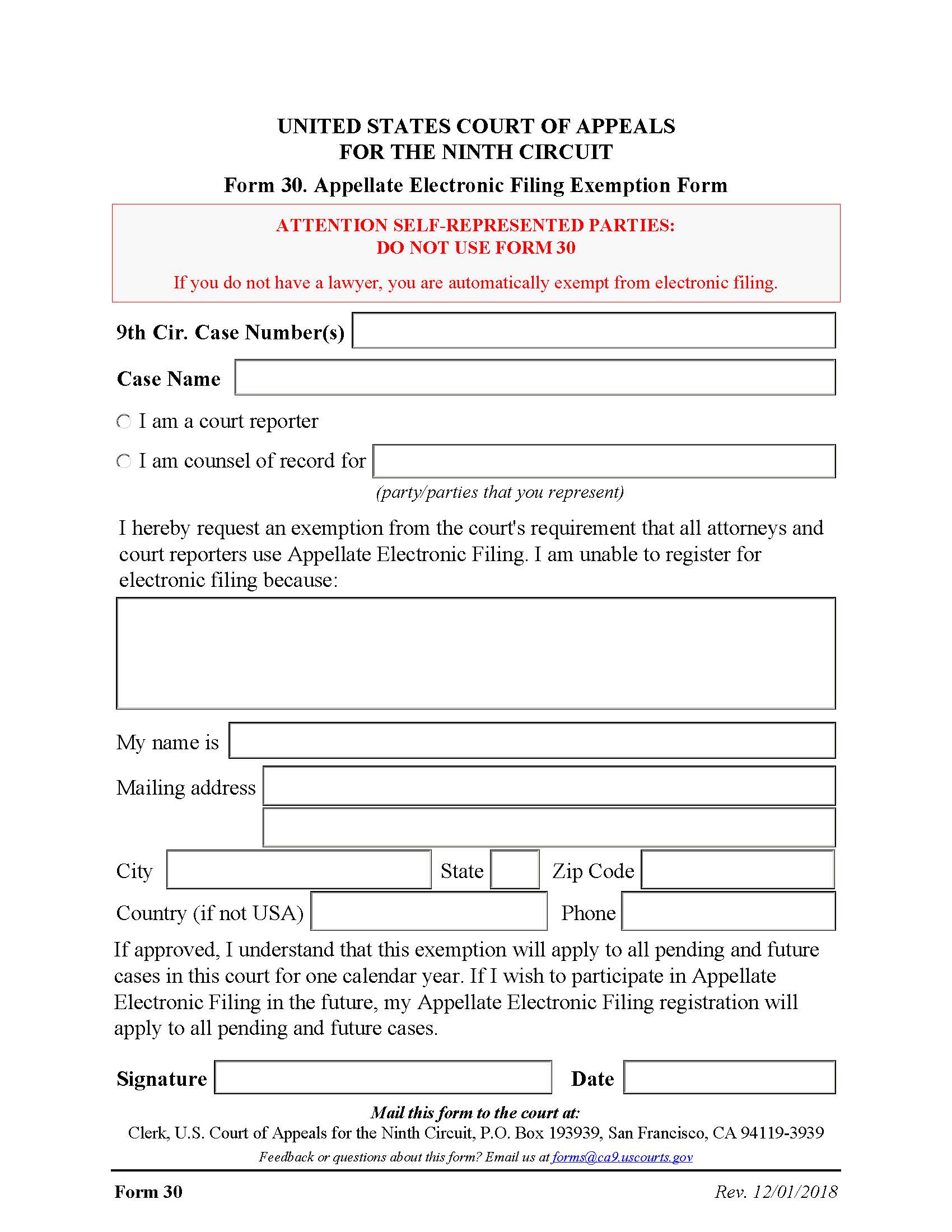 Form 30 Appellate Electronic Filing Exemption Form {30} | Pdf Fpdf Docx | Official Federal Forms