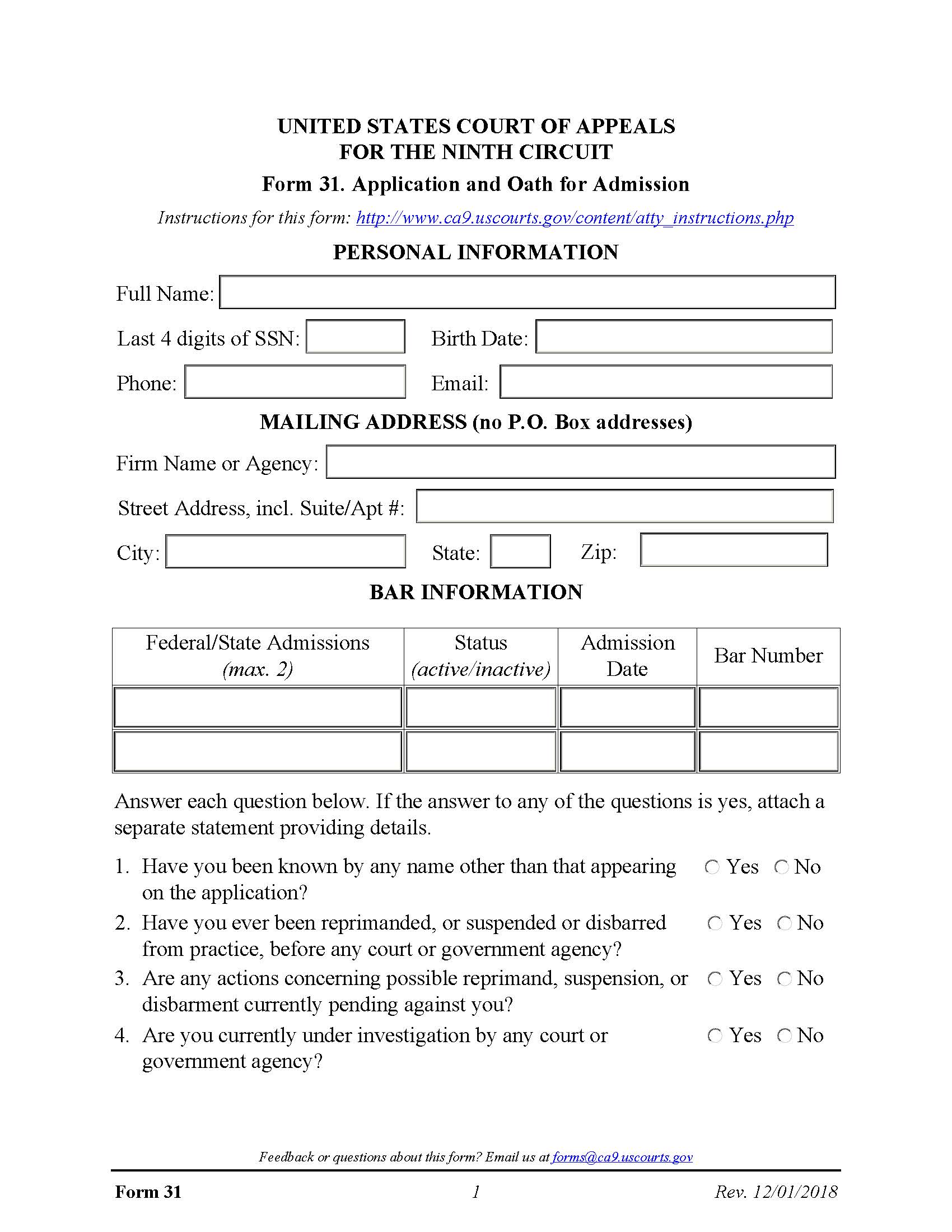 Form 31 Application And Oath For Admission {31} | Pdf Fpdf Docx | Official Federal Forms