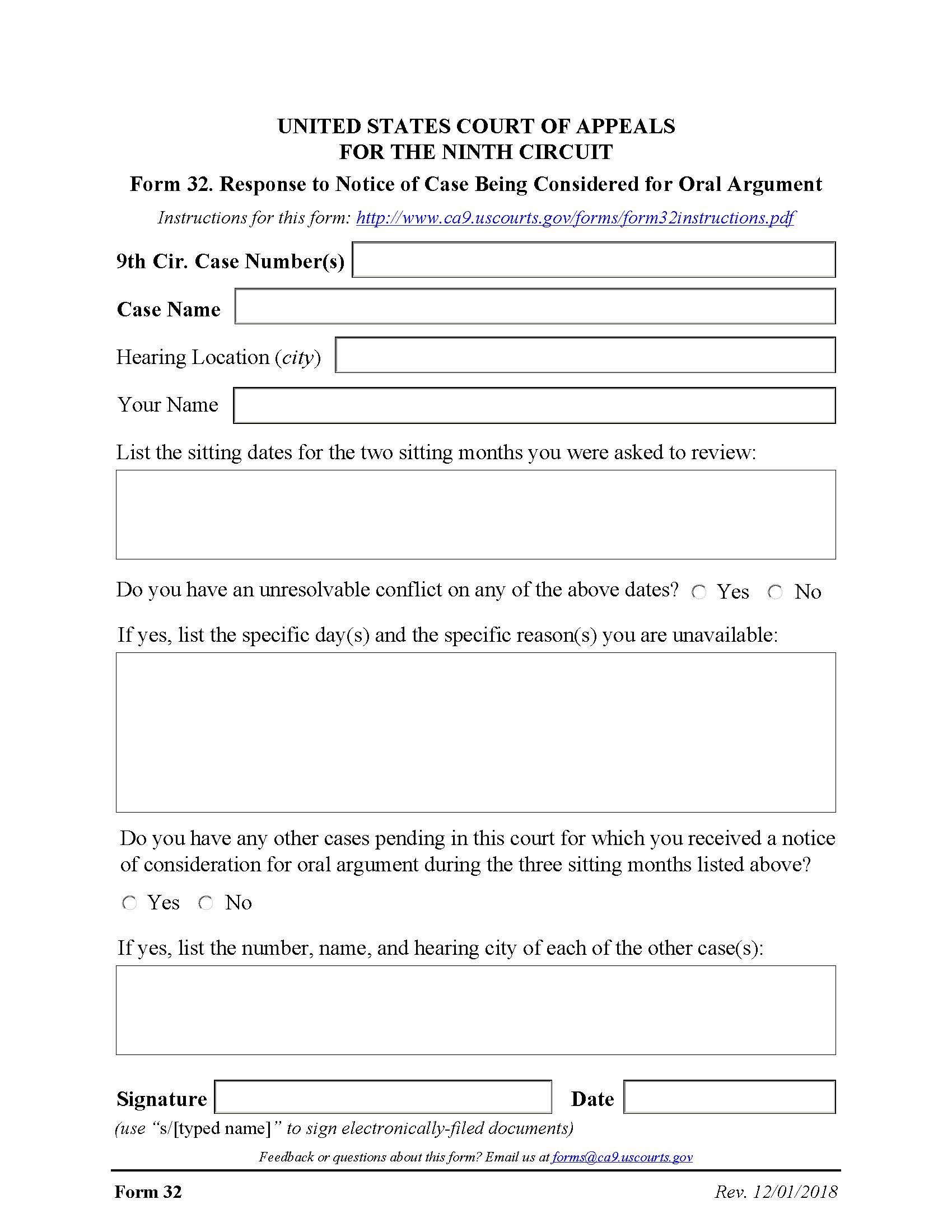 Form 32 Response To Notice Of Case Being Considered For Oral Argument {32} | Pdf Fpdf Docx | Official Federal Forms