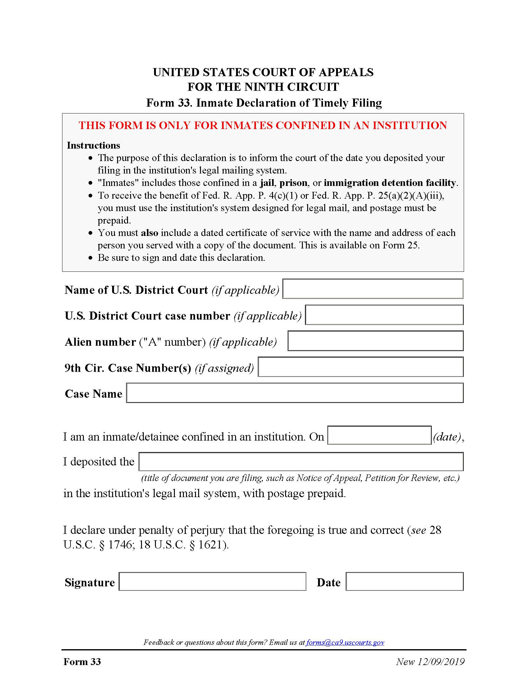 Form 33 Inmate Declaration Of Timely Filing {33} | Pdf Fpdf Docx | Official Federal Forms