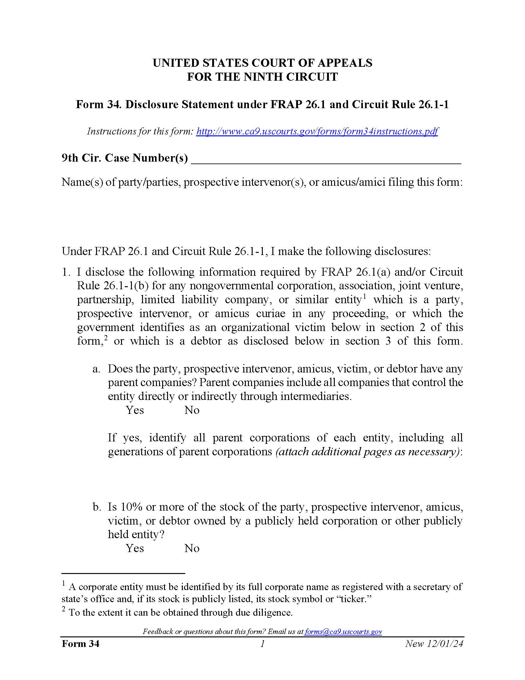 Form 34 Disclosure Statement Under FRAP 26.1 And Circuit Rule 26.1-1 {34} | Pdf Fpdf Docx | Official Federal Forms