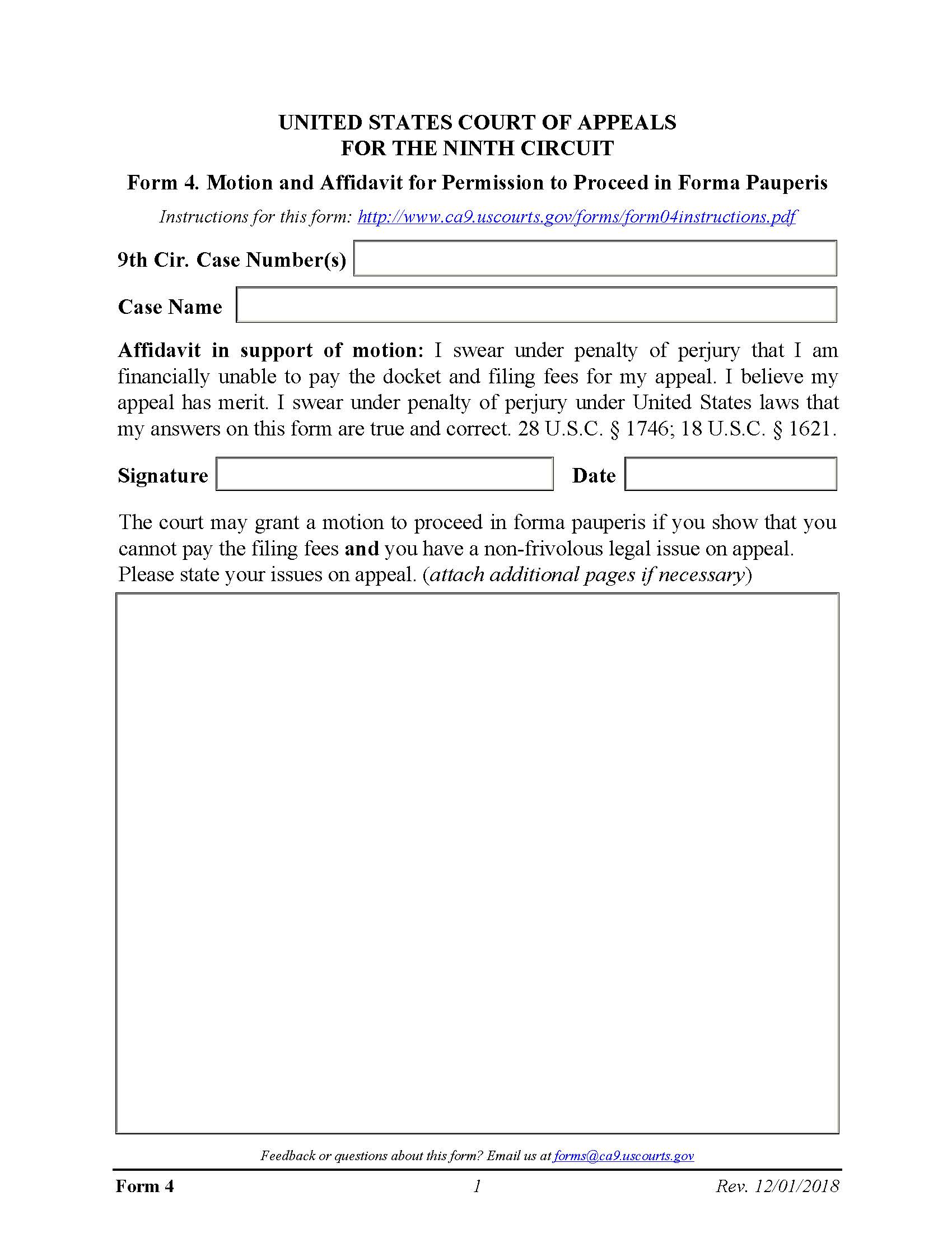 Form 4 Motion And Affidavit For Permission To Proceed In Forma Pauperis {4} | Pdf Fpdf Docx | Official Federal Forms