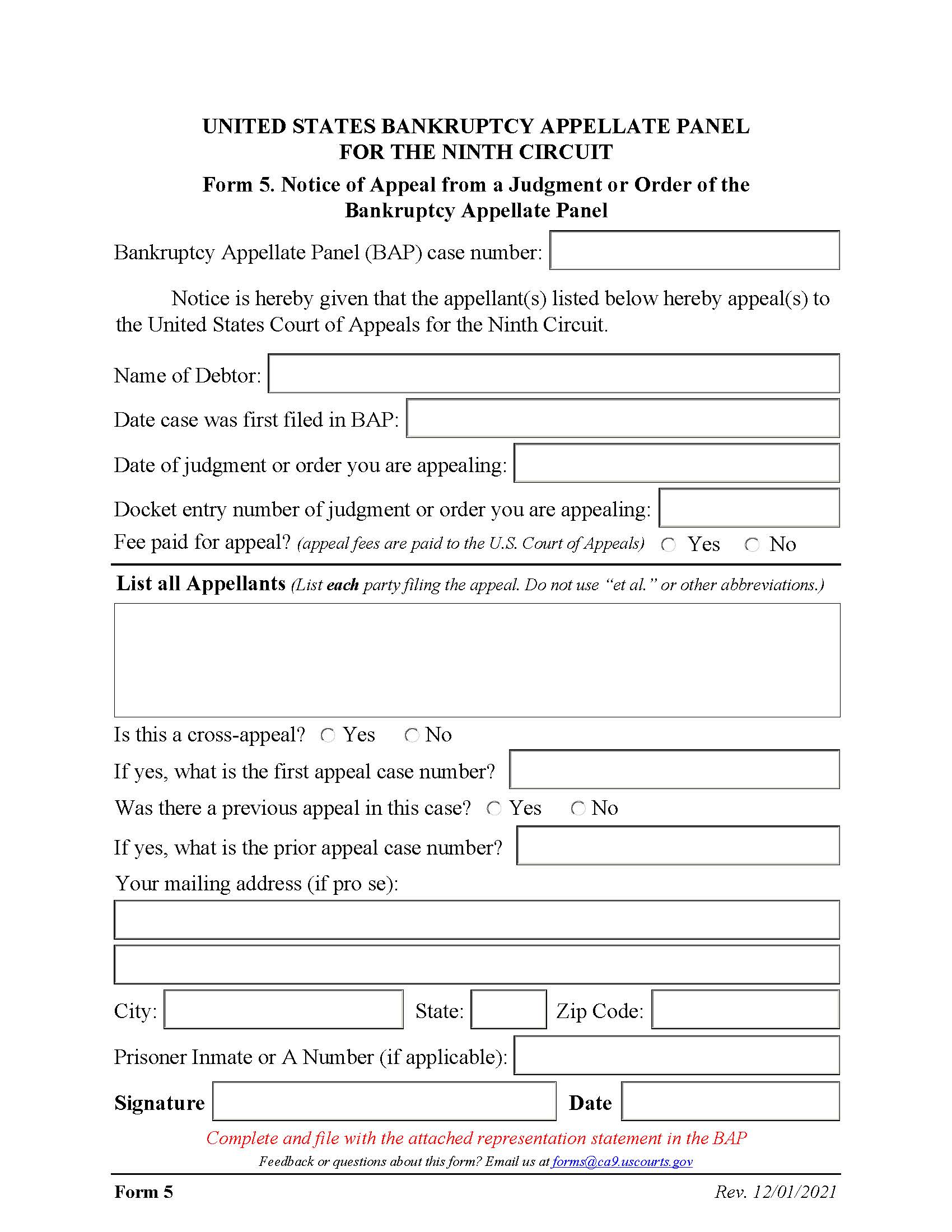 Form 5 Notice Of Appeal From A Judgment Or Order-Bankruptcy Appellate Panel {5} | Pdf Fpdf Docx | Official Federal Forms
