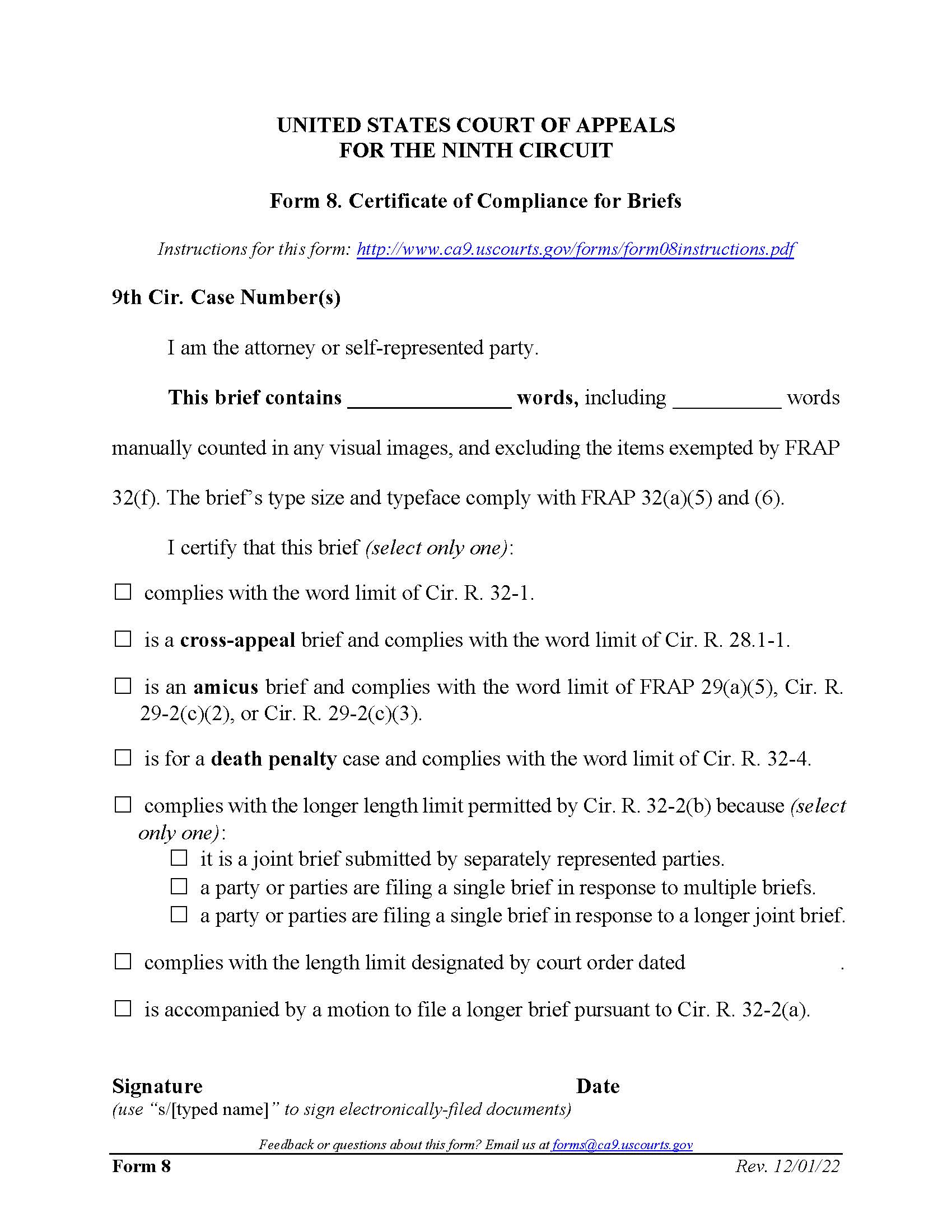 Form 8 Certificate Of Compliance For Brief {8} | Pdf Fpdf Docx | Official Federal Forms
