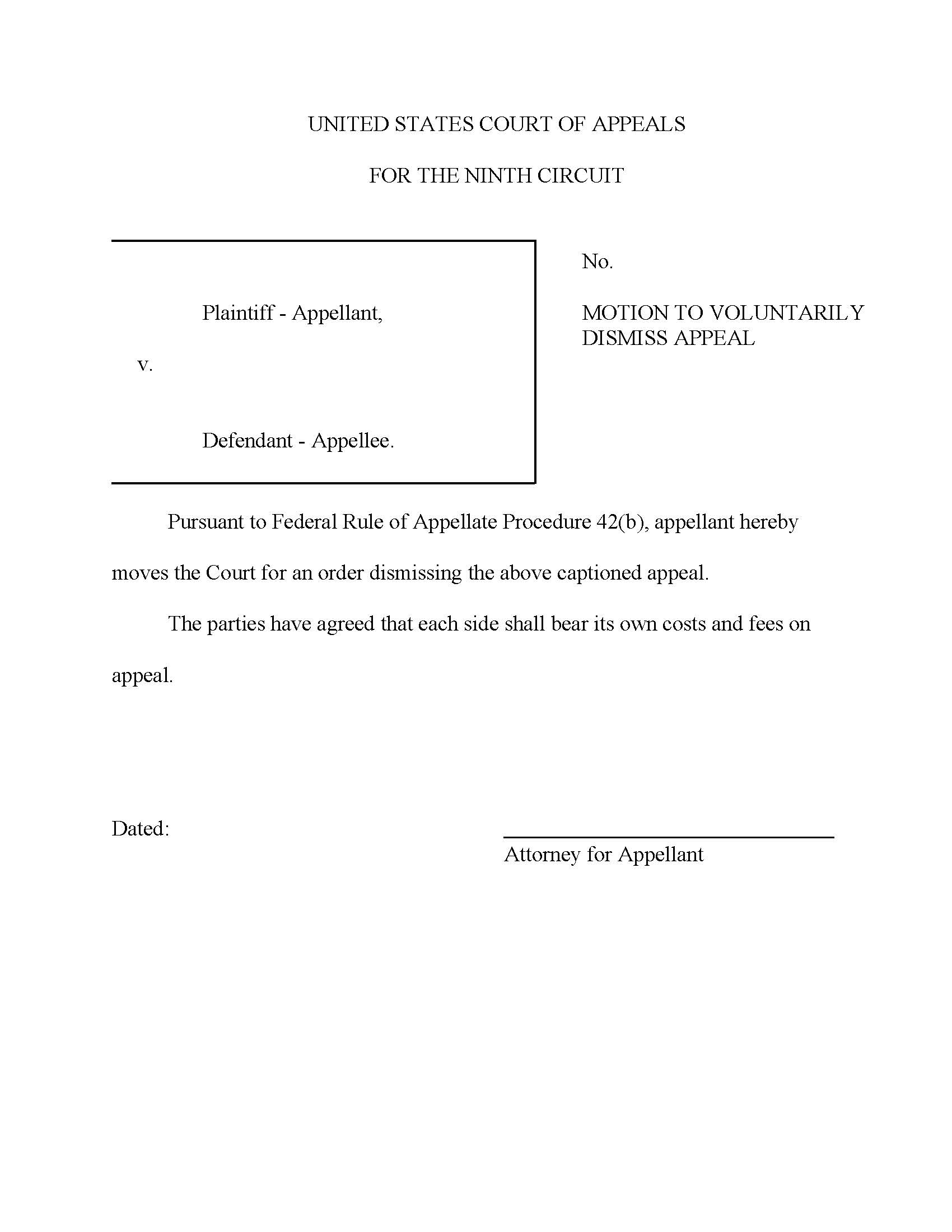 Motion To Voluntarily Dismiss Appeal (Mediation) | Pdf Fpdf Doc Docx | Official Federal Forms