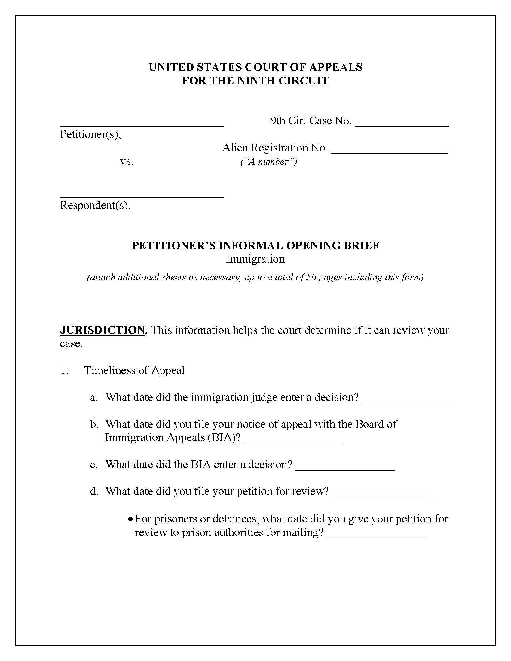 Petitioners Informal Opening Brief Immigration | Pdf Fpdf Docx | Official Federal Forms