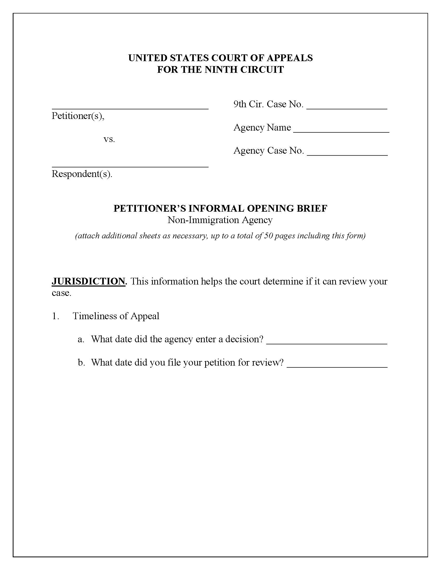 Petitioners Informal Opening Brief Non-Immigration Agency | Pdf Fpdf Docx | Official Federal Forms