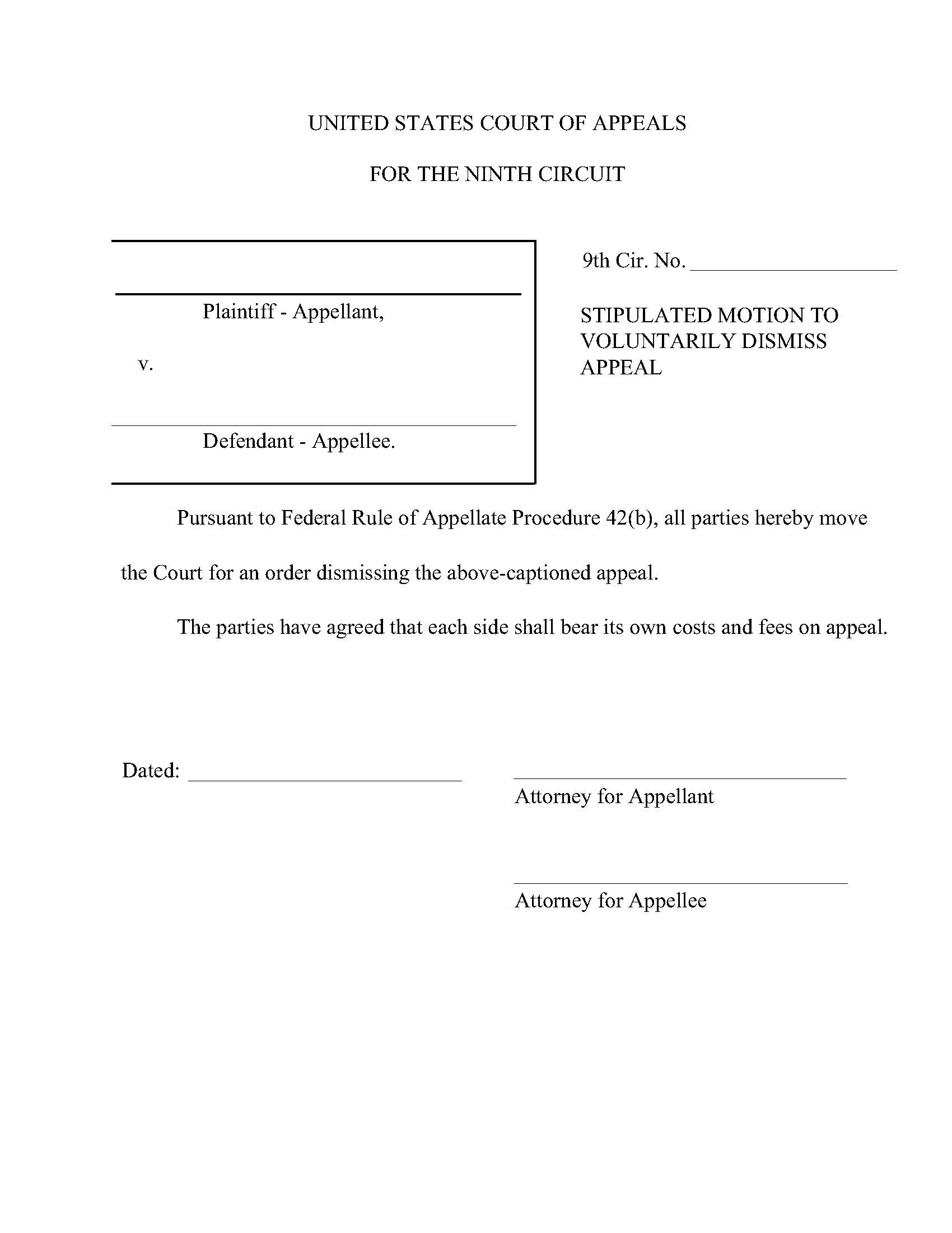 Stipulated Motion To Voluntarily Dismiss Appeal (Mediation) | Pdf Fpdf Doc Docx | Official Federal Forms