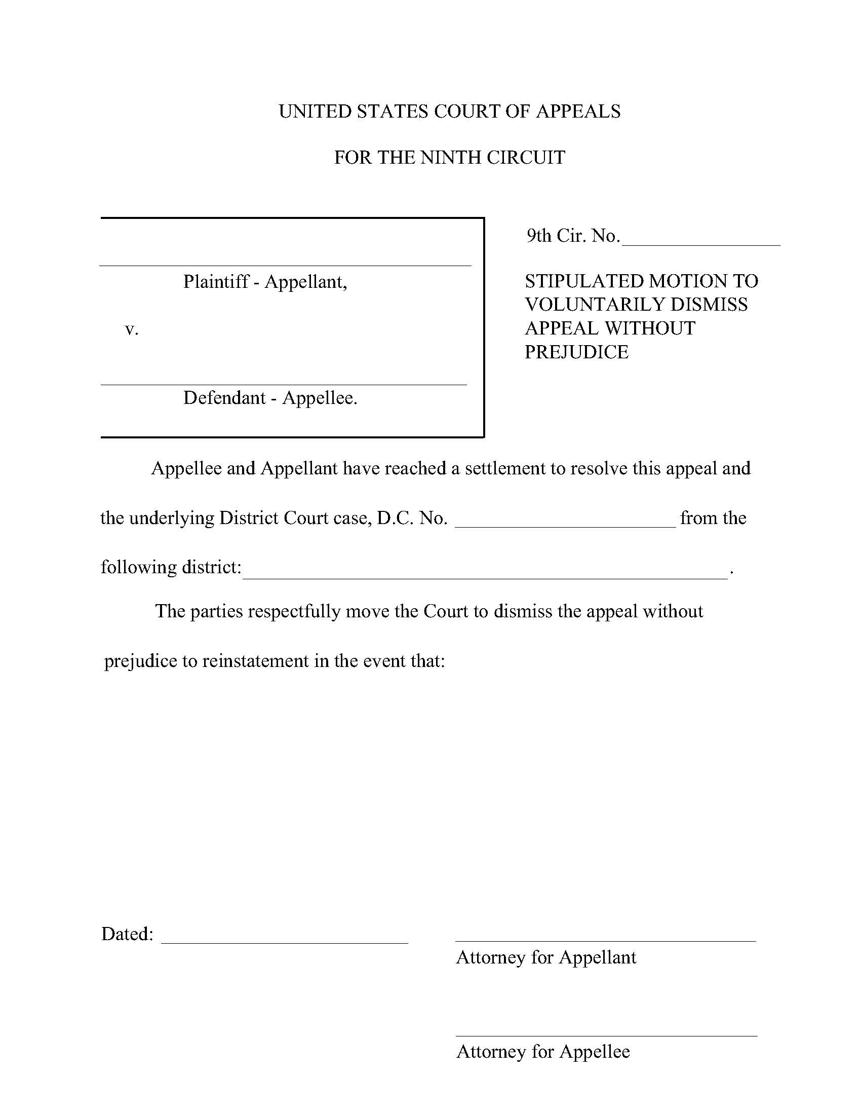 Stipulated Motion To Voluntarily Dismiss Appeal Without Prejudice (Mediation) | Pdf Fpdf Doc Docx | Official Federal Forms
