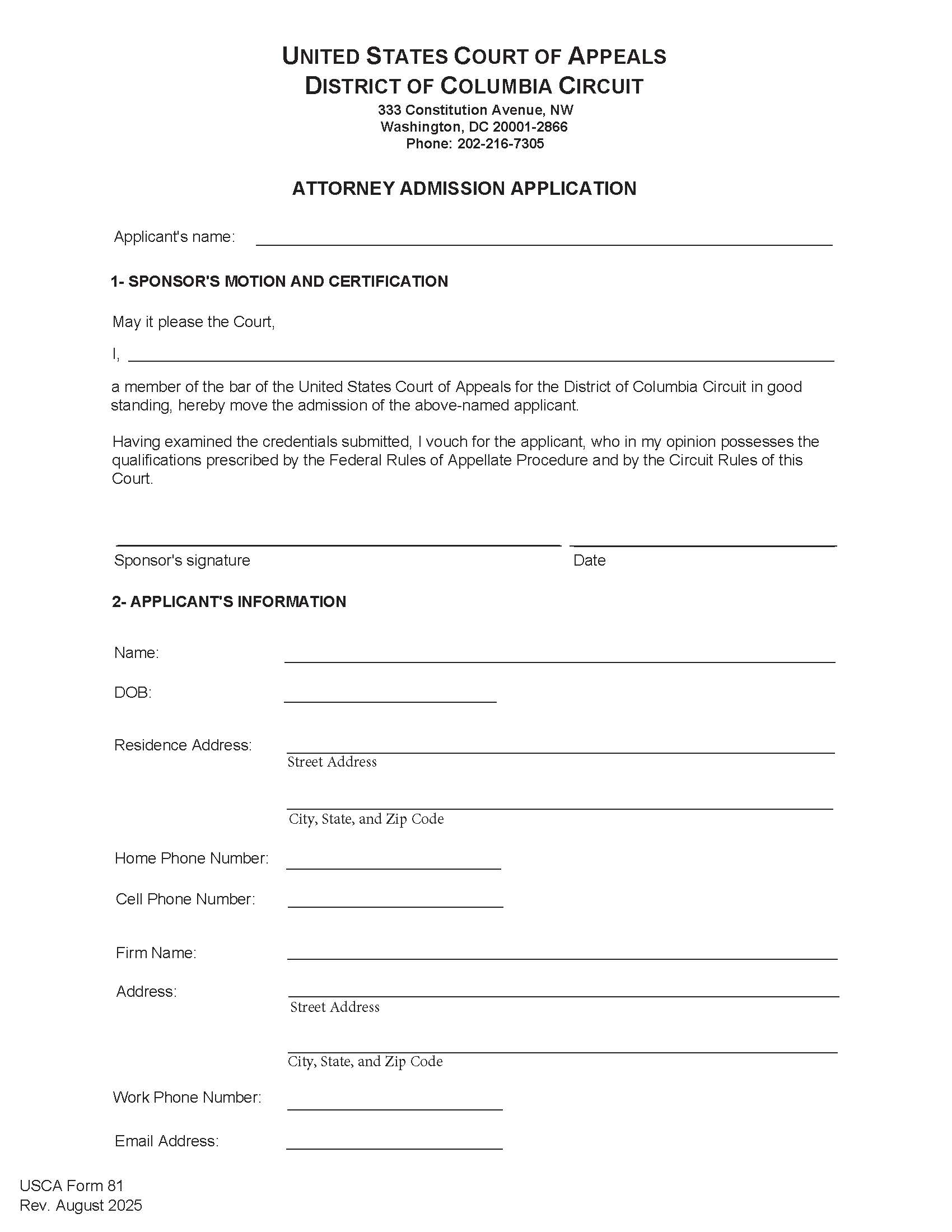 Application For Admission To Practice (DC Circuit COA) {USCA 81} | Pdf Fpdf Doc Docx | Official Federal Forms