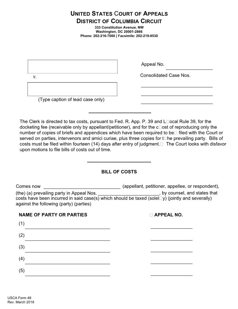 Bill Of Costs {USCA 48} | Pdf Fpdf Doc Docx | Official Federal Forms