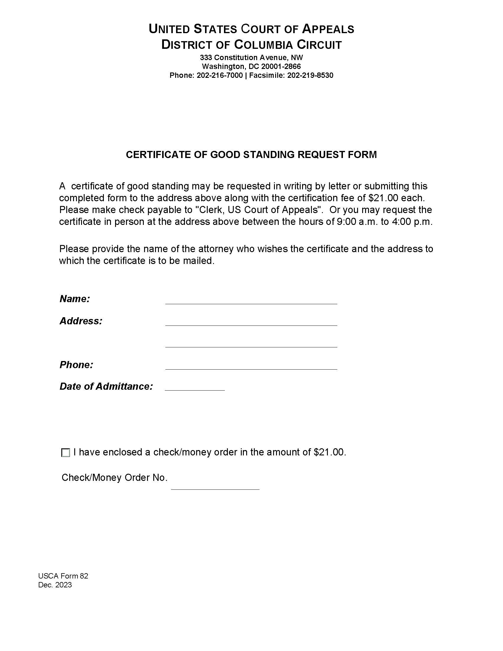 Certificate Of Good Standing Request Form {USCA 82} | Pdf Fpdf Doc Docx | Official Federal Forms