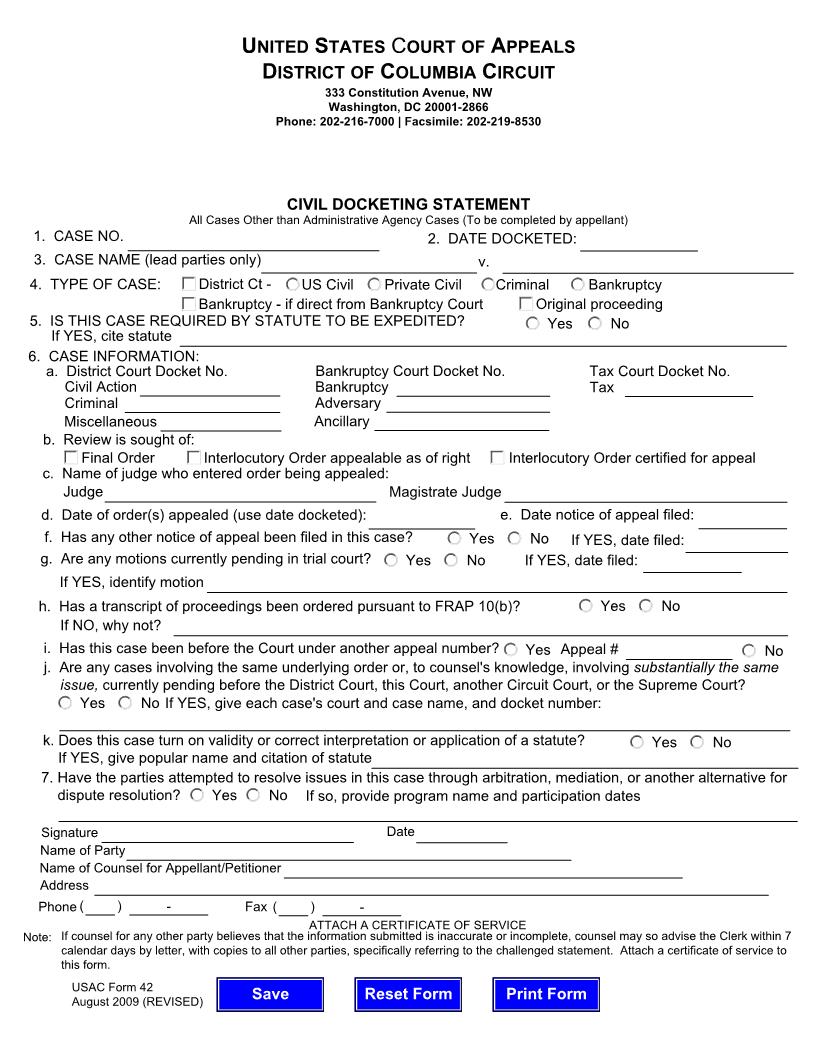 Civil Docketing Statement All Cases Other Than Administrative Agency Cases {USCA 42} | Pdf Fpdf Doc Docx | Official Federal Forms