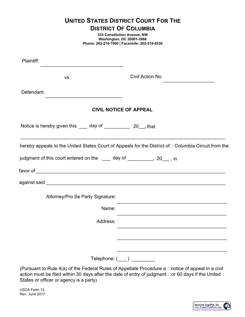 Civil Notice Of Appeal {USCA 13} | Pdf Fpdf Doc Docx | Official Federal Forms
