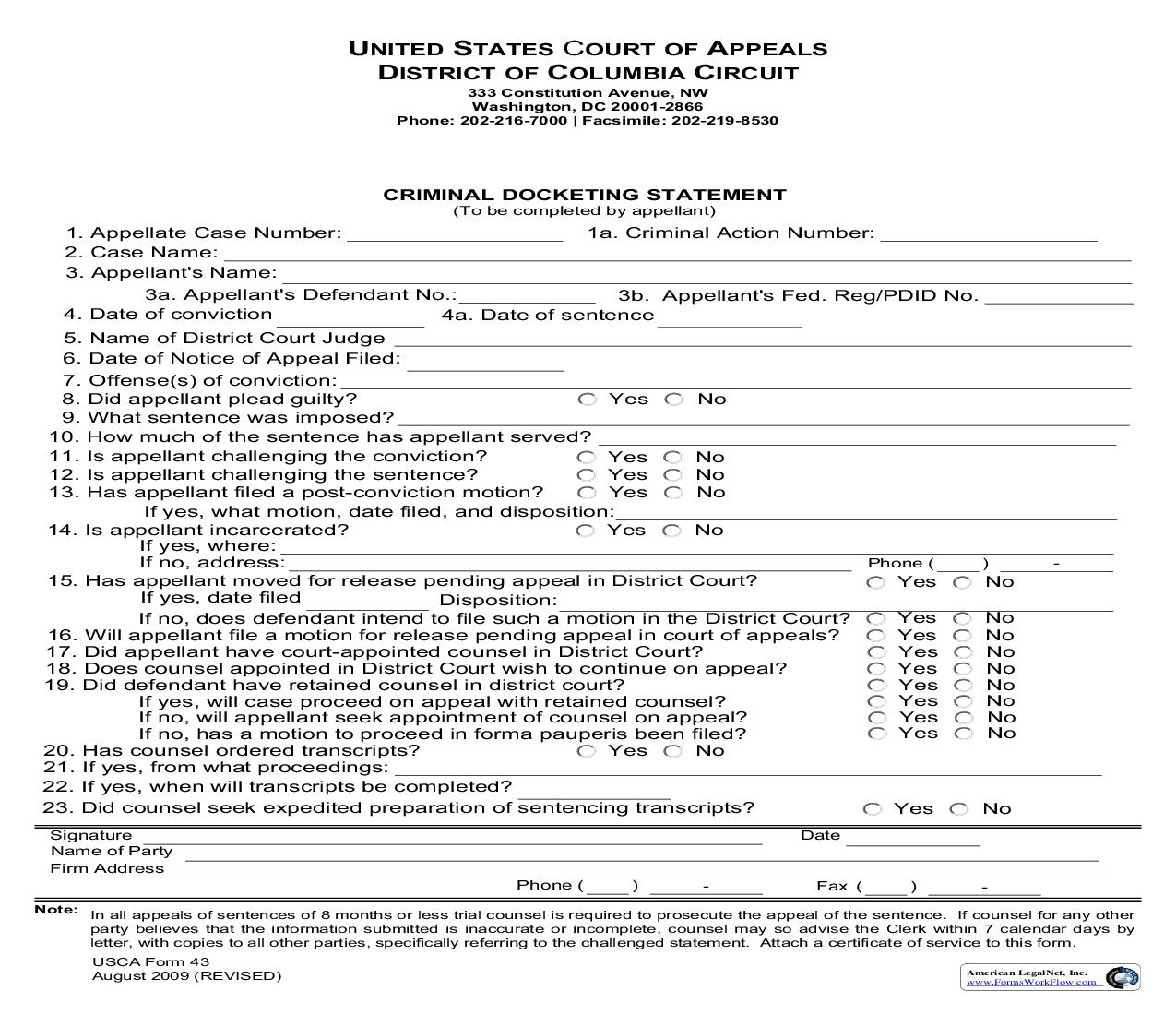 Criminal Docketing Statement {USCA 43} | Pdf Fpdf Doc Docx | Official Federal Forms