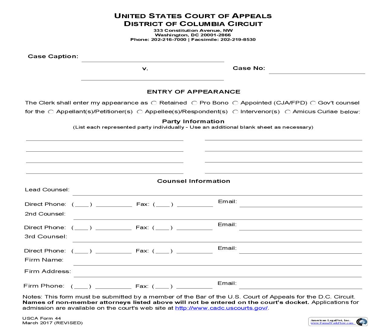 Entry Of Appearance {USCA 44} | Pdf Fpdf Doc Docx | Official Federal Forms