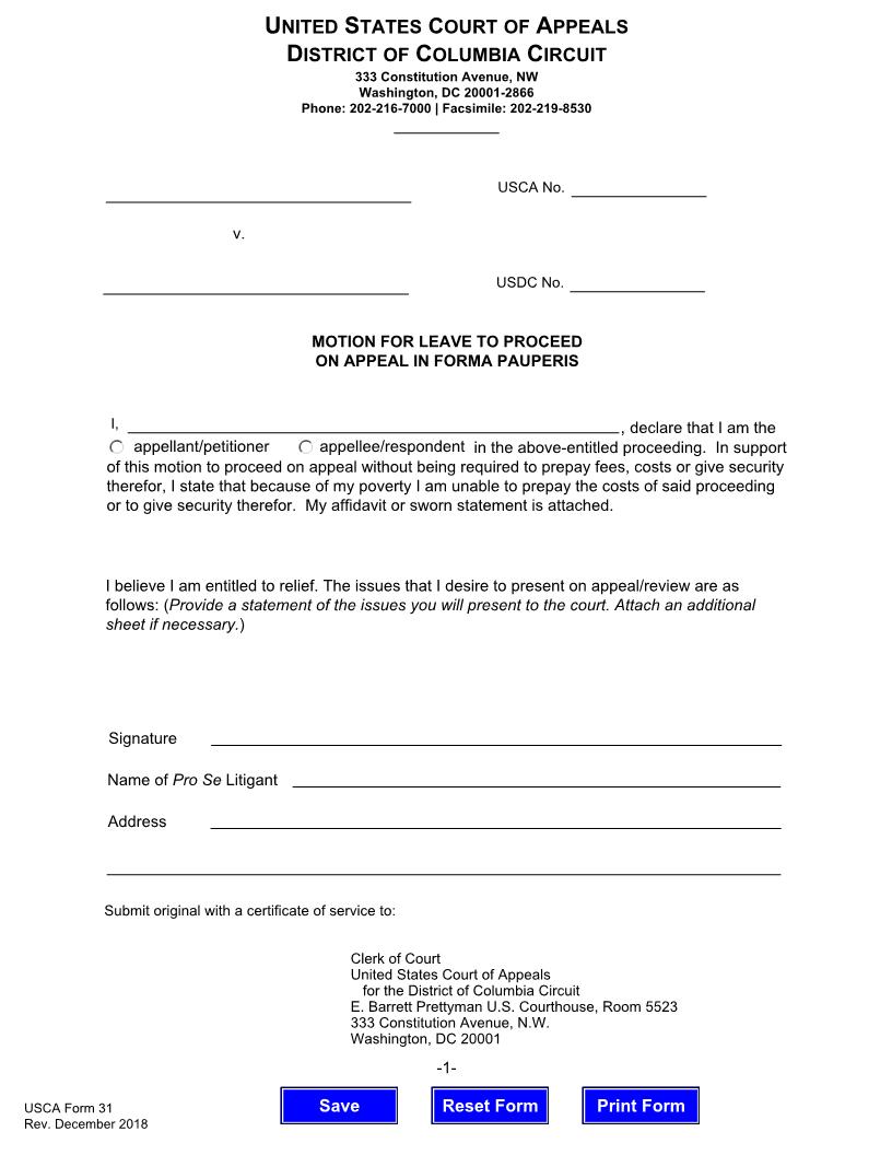 Motion For Leave To Proceed On Appeal In Forma Pauperis {USCA 31} | Pdf Fpdf Doc Docx | Official Federal Forms