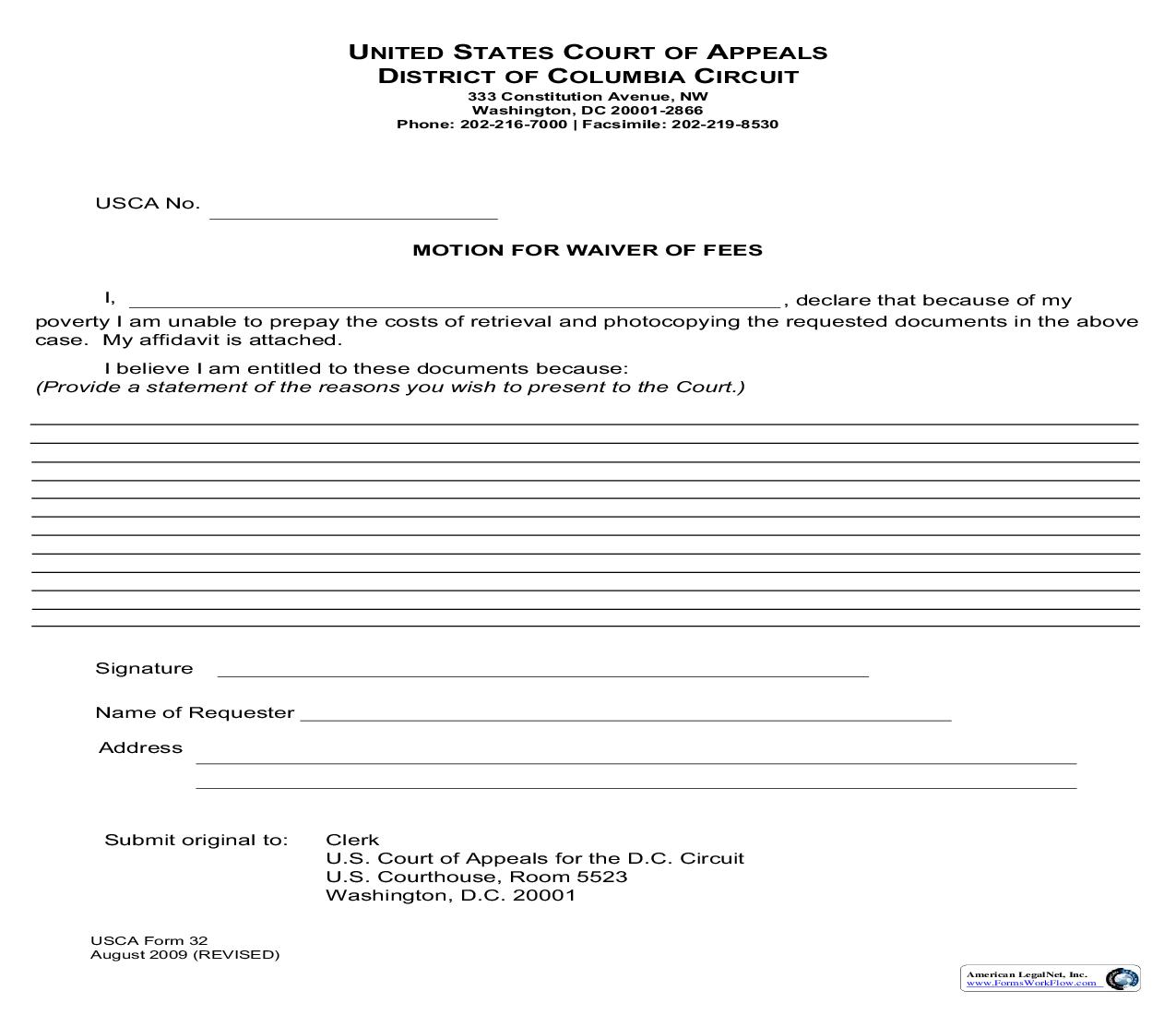 Motion For Waiver Of Fees {USCA 32} | Pdf Fpdf Doc Docx | Official Federal Forms