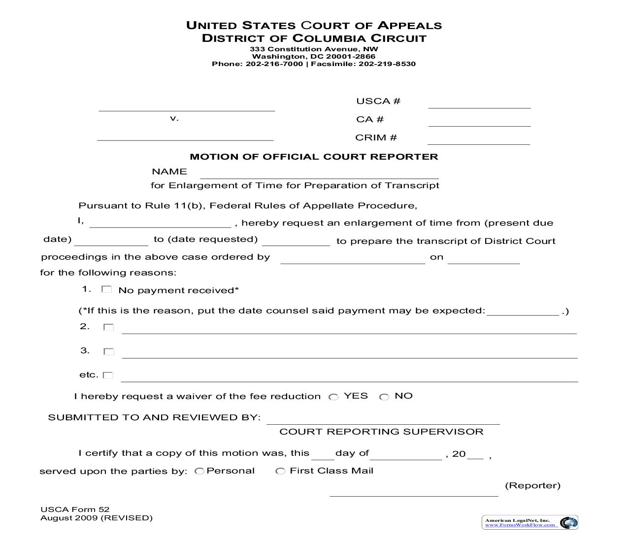 Motion Of Official Court Reporter {USCA 52} | Pdf Fpdf Doc Docx | Official Federal Forms