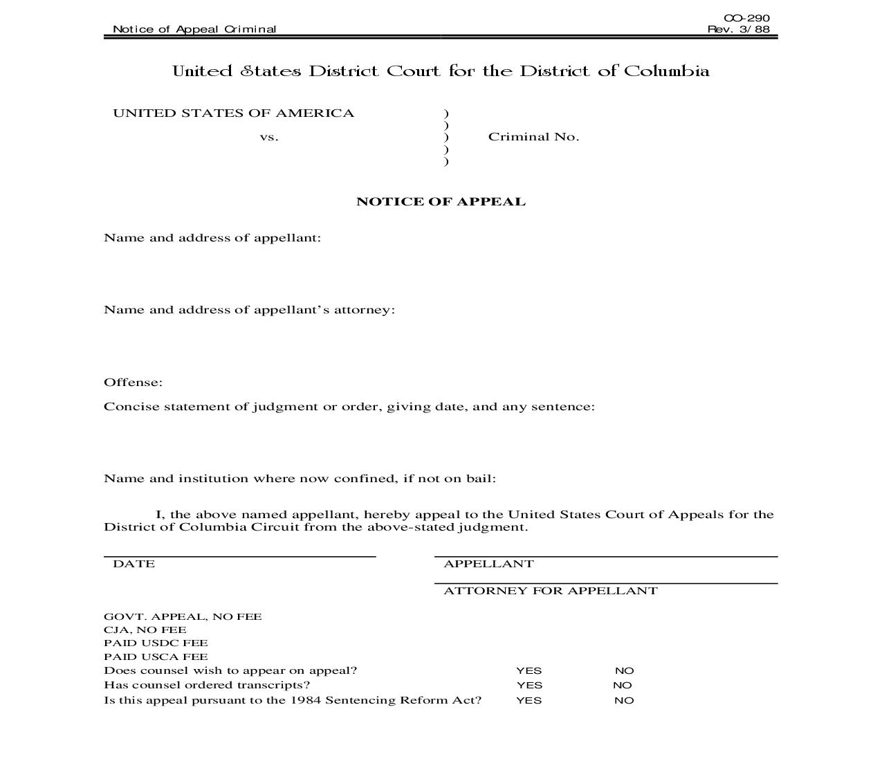 Notice Of Appeal (Criminal) {CO-290} | Pdf Fpdf Doc Docx | Official Federal Forms