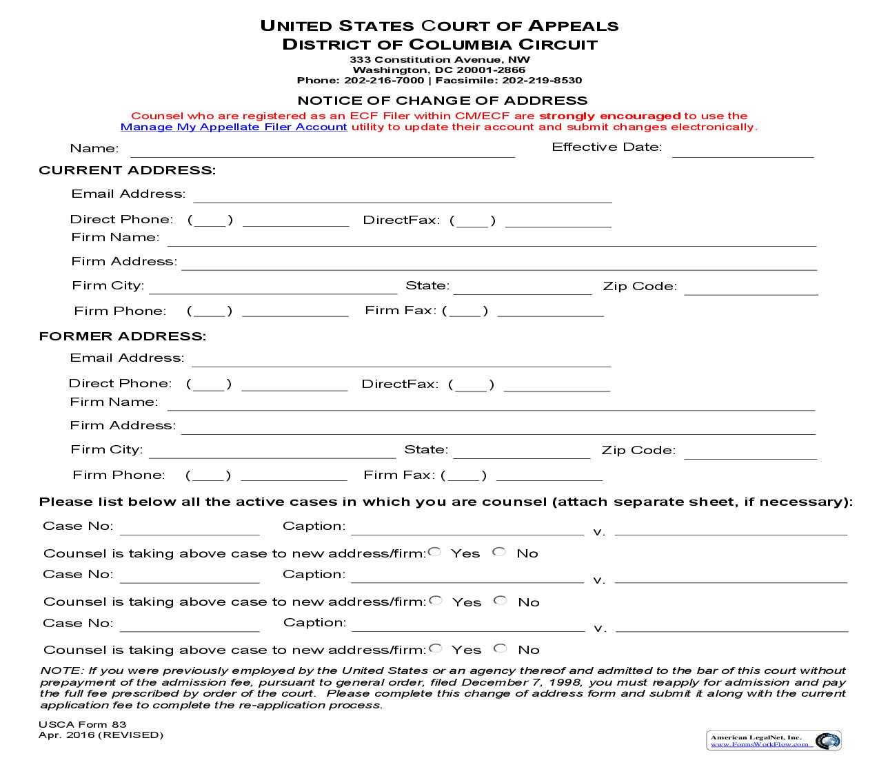 Notice Of Change Of Address {USCA 83} | Pdf Fpdf Doc Docx | Official Federal Forms