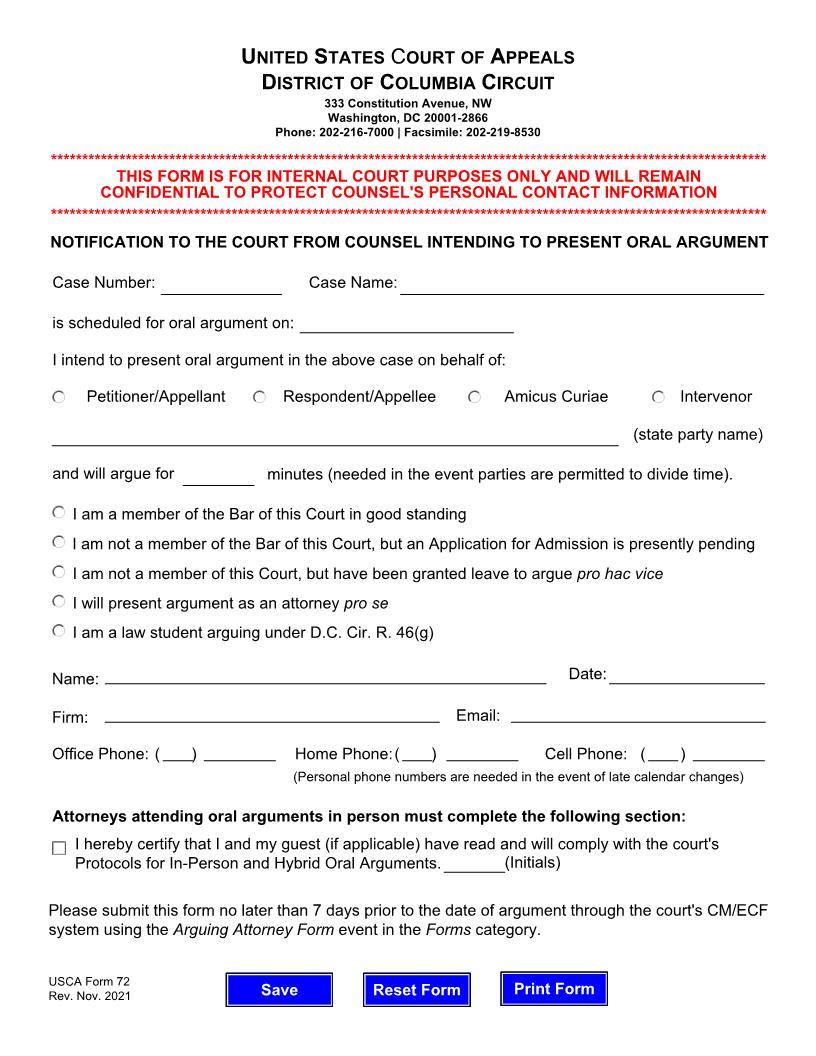 Notification To The Court From Attorney Intending To Present Argument {USCA 72} | Pdf Fpdf Doc Docx | Official Federal Forms
