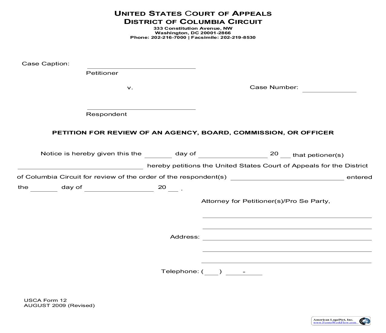 Petition For Review Of An Agency Board Commission Or Officer {USCA 12} | Pdf Fpdf Doc Docx | Official Federal Forms