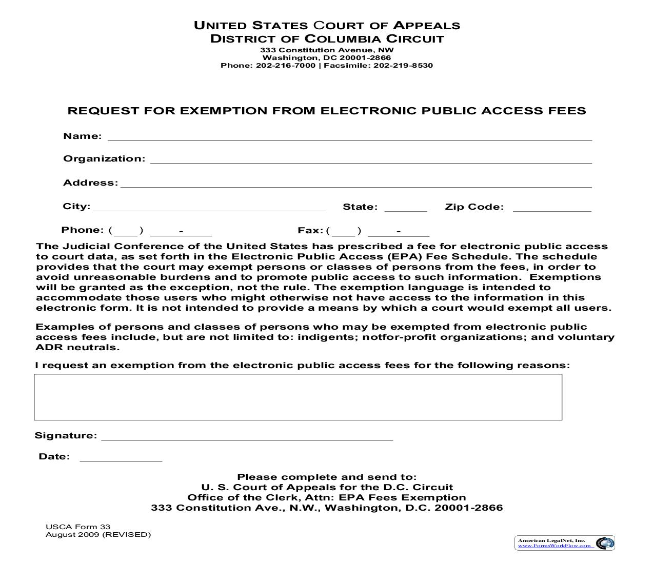 Request For Exemption From Electronic Public Access Fees {USCA 33} | Pdf Fpdf Doc Docx | Official Federal Forms