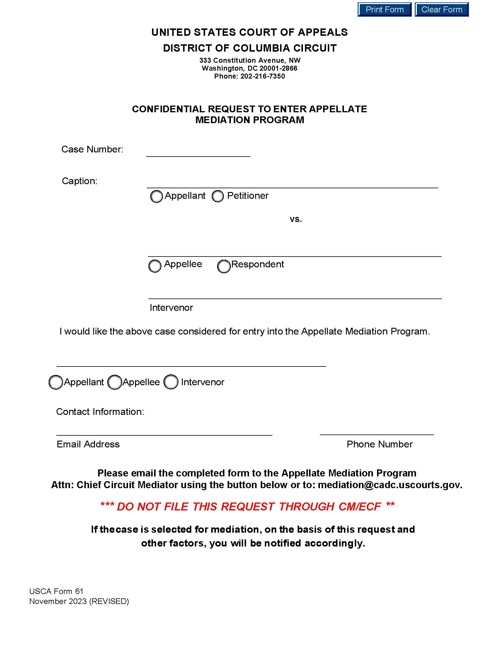 Request To Enter Appellate Mediation Program {USCA 61} | Pdf Fpdf Doc Docx | Official Federal Forms