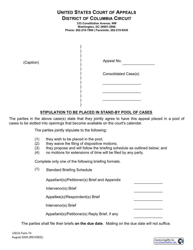 Stipulation To Be Placed In Stand-By Pool Of Cases {USCA 74} | Pdf Fpdf Docx | Official Federal Forms