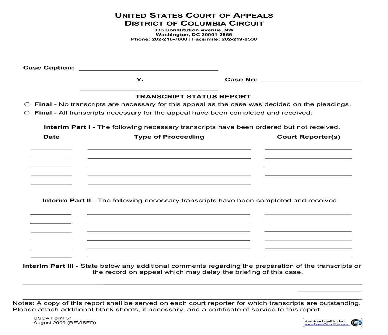 Transcript Status Report {USCA 51} | Pdf Fpdf Doc Docx | Official Federal Forms