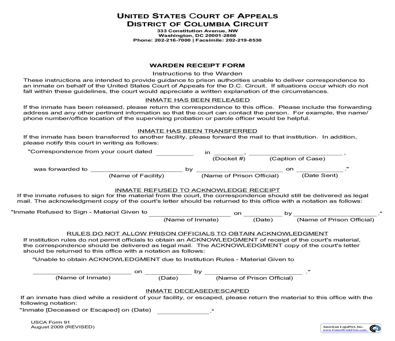 Warden Receipt Form {USCA 91} | Pdf Fpdf Doc Docx | Official Federal Forms