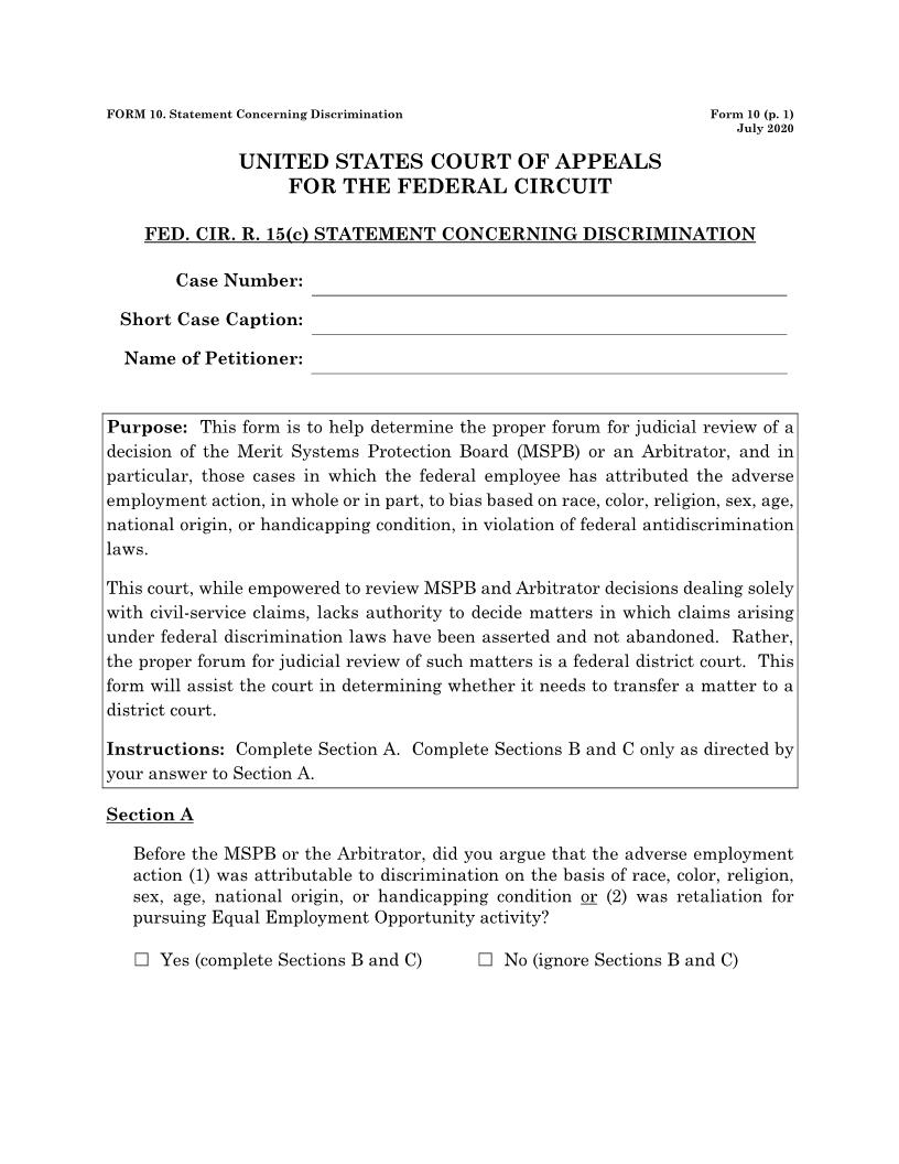 Form 10 Statement Concerning Discrimination {10} | Pdf Fpdf Doc Docx | Official Federal Forms