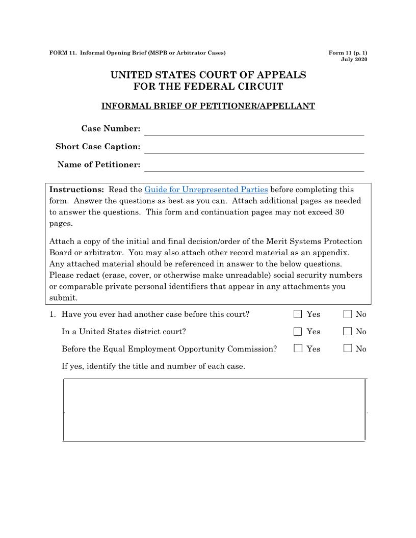 Form 11 Informal Brief (MSPB Or Arbitrator Cases) {11} | Pdf Fpdf Doc Docx | Official Federal Forms