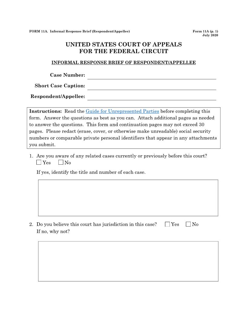 Form 11A Informal Brief Of Pro Se Appellee-Respondent {11A} | Pdf Fpdf Doc Docx | Official Federal Forms