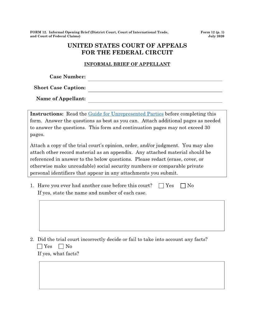 Form 12 Informal Brief (District Court Court Of International Trade) {12} | Pdf Fpdf Docx | Official Federal Forms