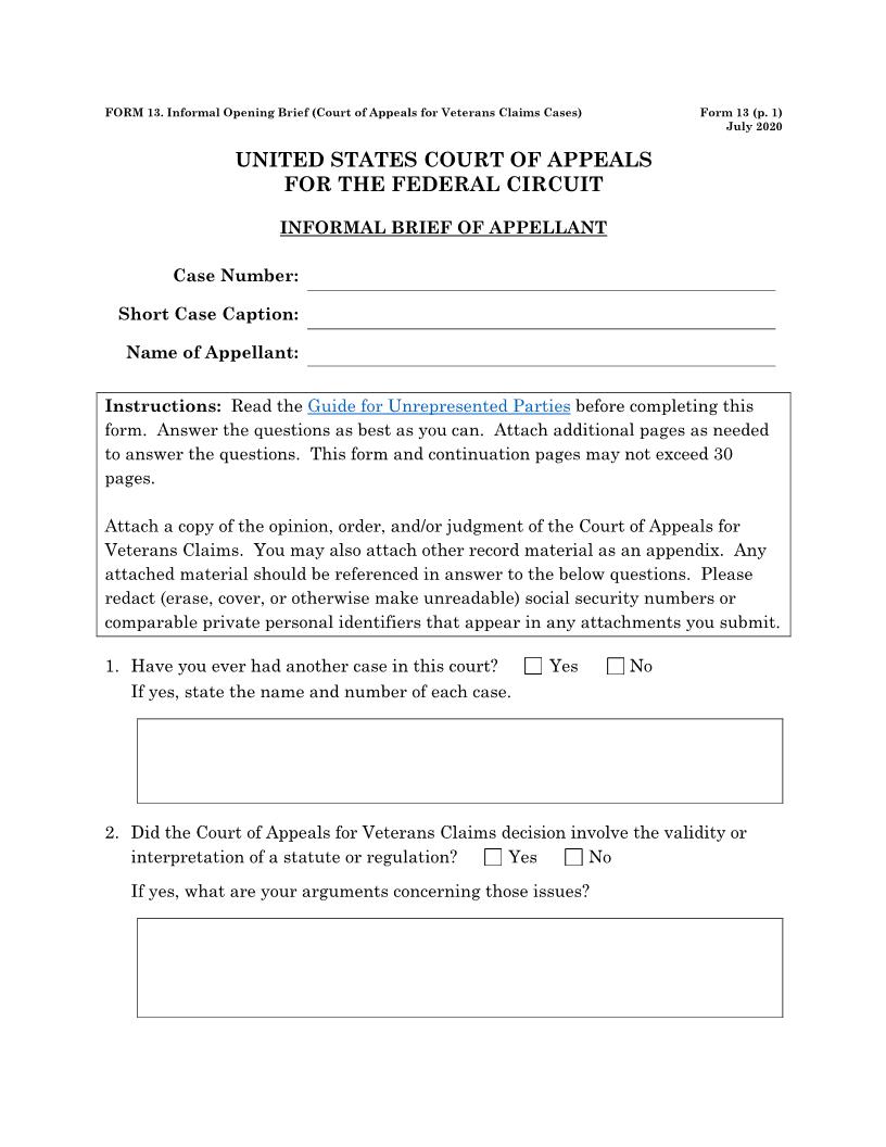 Form 13 Informal Brief (Court of Appeals For Veterans Claims) {13} | Pdf Fpdf Docx | Official Federal Forms