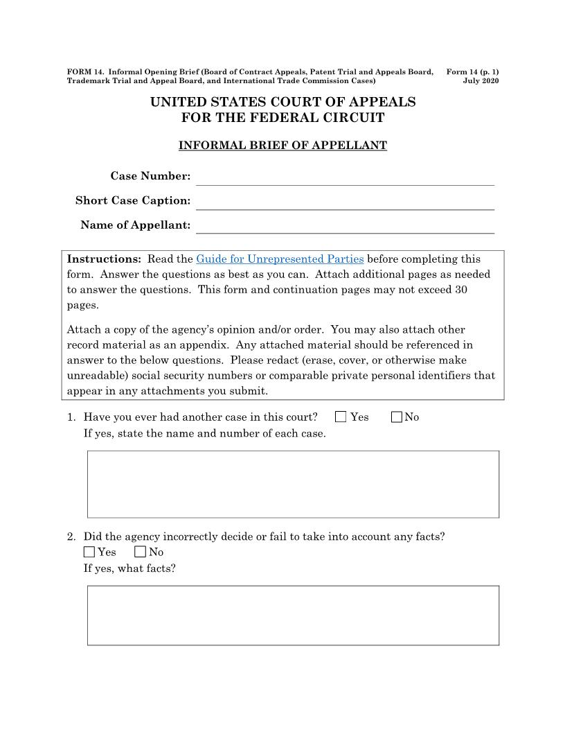 Form 14 Informal Brief (Board Of Contract Appeals Board Of Patent Appeals And Interferences Trade Mark Trail) {14} | Pdf Fpdf Doc Docx | Official Federal Forms