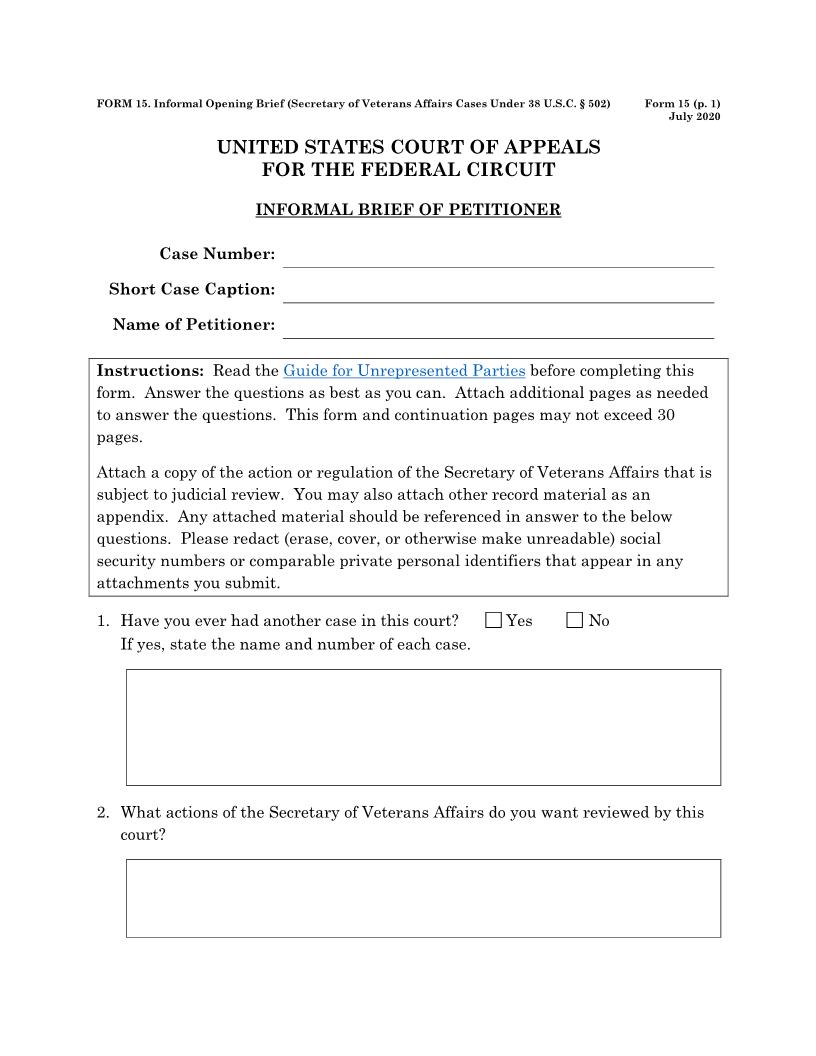 Form 15 Informal Brief (Secretary Of Veterans Affairs Cases Under 38 USC 502) {15} | Pdf Fpdf Doc Docx | Official Federal Forms