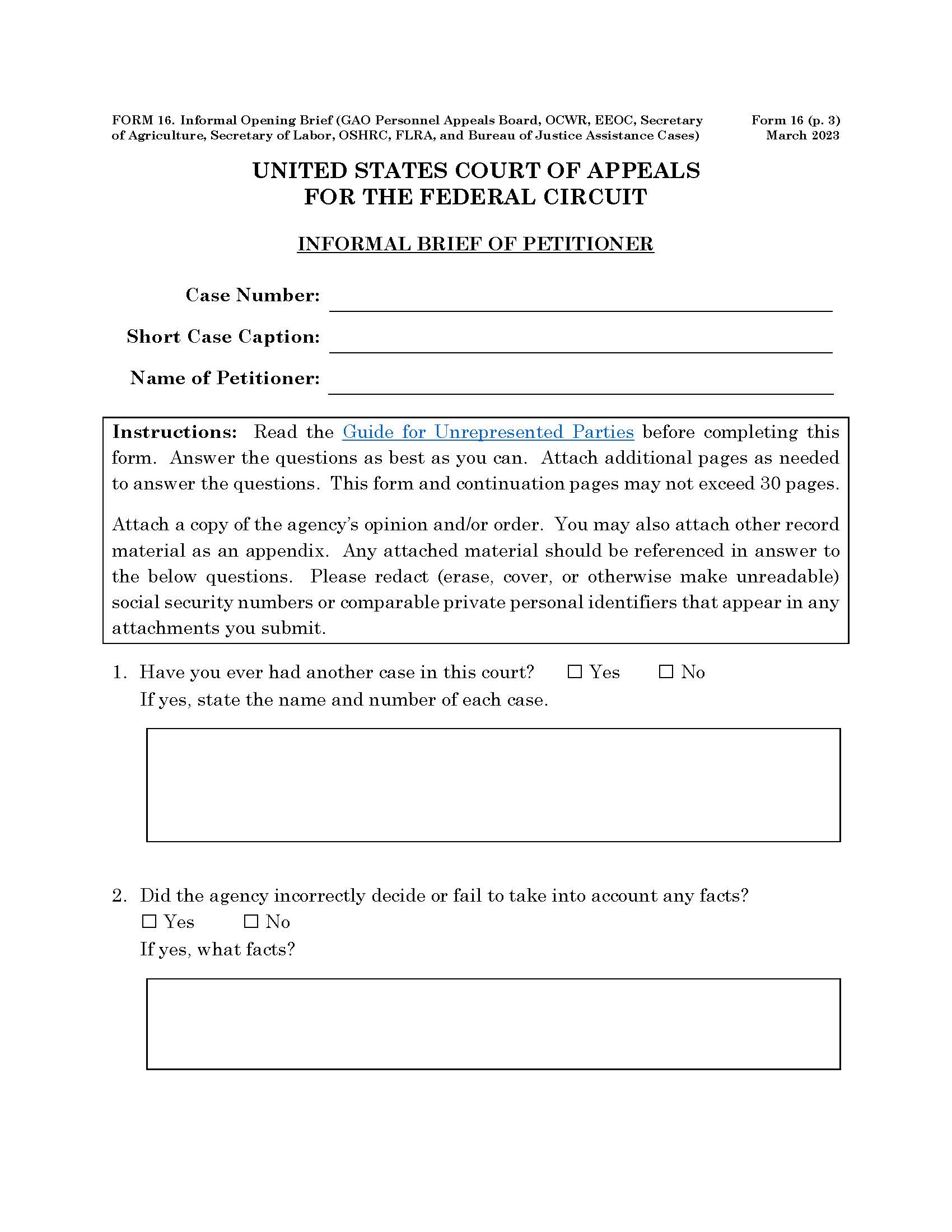 Form 16 Informal Brief (GAO OCWR EEOC Secretary Of Agriculture) {16} | Pdf Fpdf Doc Docx | Official Federal Forms