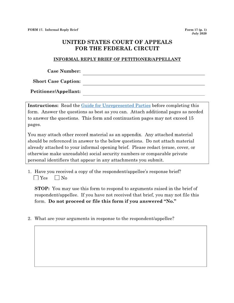 Form 17 Informal Reply Brief Of Petitioner-Appellant {17} | Pdf Fpdf Docx | Official Federal Forms